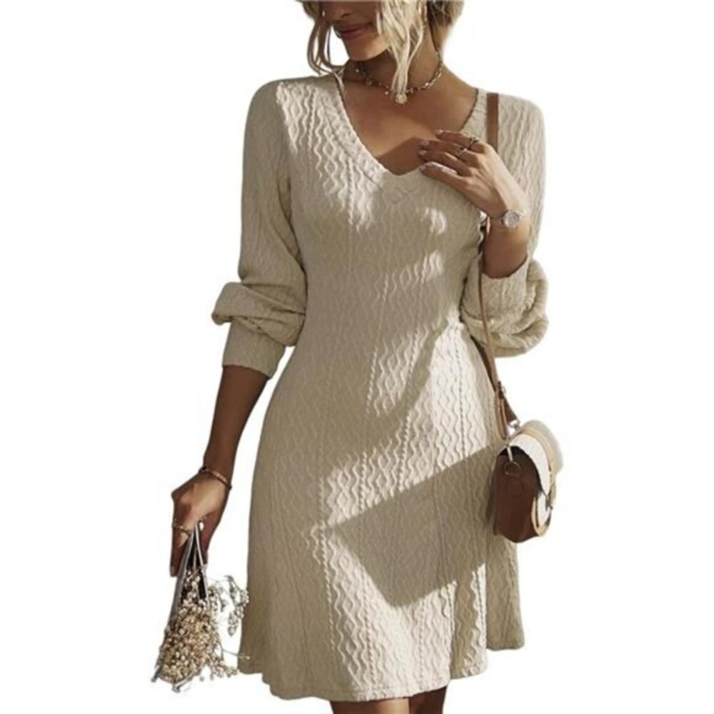 Women 2024 Trendy Fall Dresses V Neck Knit A Line Long Sleeve Sweater Dress